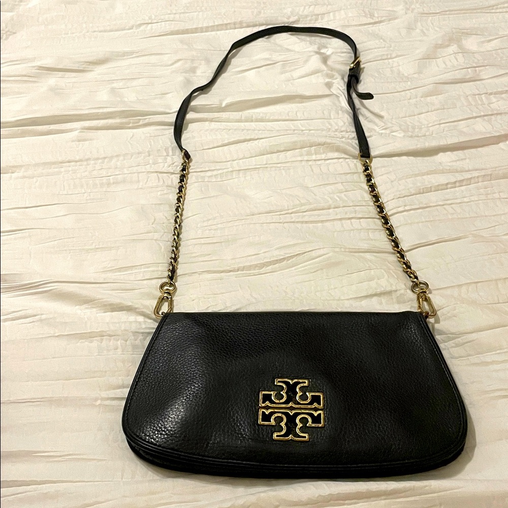 Tory Burch Black Leather Shoulder Bag with Gold Chain
